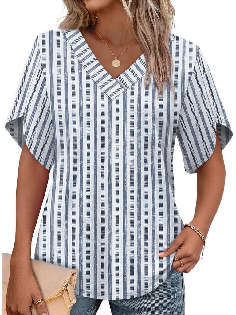 Women's Floral 01 Elegant V Neck Short Petal Sleeve Shirts Summer Flair Tops
